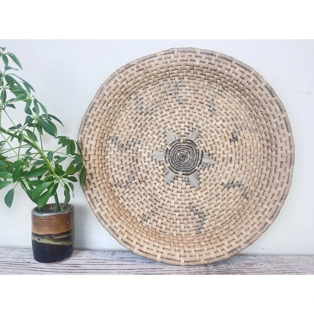 Vintage Large Rustic Primitive Woven Tray Basket Large Tan & Grey 16.5” Israel